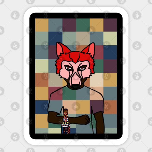 Pixelated Male Character with Animal Mask and Freakish Skin Holding a Dark Bottle Sticker by Hashed Art